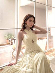 Women's Elegant Sexy Multi-Layer Ruffle Patchwork Design Fashionable Flared Slimming Luxury Dress Solid Color Sexy Party Patchwork Wedding Fall - Light Yellow - View 1