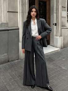 Women's Autumn/Winter Fashion Commute Lined Double-Breasted Padded Shoulder Loose Long Sleeve Blazer & Pleated Wide Leg Pants Set - Dark Grey - View 3