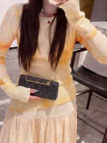 女士晚宴手拿包 長方形硬殼設計 鑲鑽珠飾圖案 時尚便攜 女款婚禮舞會派對手拿包 - 黑色 - 查看 3