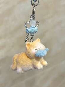 Flocked Cat Keychain Pendant, Cute Kitten Biting Fish Charm With Beads, Cartoon Animal Hanging Ornament, Suitable For Backpacks, Bags, Wallets, Fashionable Phone Accessory, Sweet Gift For Women And Girls - Multicolor - View 2
