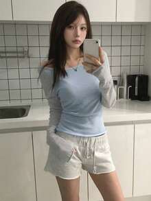 Kaos Lengan Panjang Colorblock Gaya Korea Kasual untuk Pemakaian Sehari-hari - Abu-abu dan biru - View 2