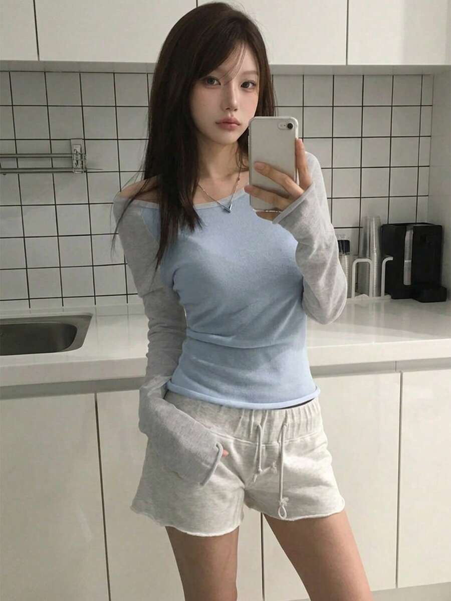 Kaos Lengan Panjang Colorblock Gaya Korea Kasual untuk Pemakaian Sehari-hari