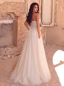 Faeriesty Elegant Beaded & Sequin Embroidered Evening Gown, Heart-Shaped Neckline, Sheer Mesh Trailing Design, Graceful Train Fall Wedding - Apricot - View 3
