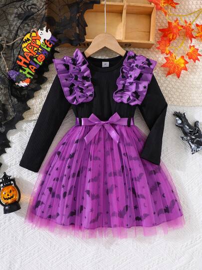 4-7 Years Old Girls Halloween Purple Bat Long Sleeve Dress, Sweet Cool Style Ruffle Collar Bow Princess Dress, Autumn Ribbed Long Sleeve Top With Bat & Star Print Purple Mesh Tutu Skirt