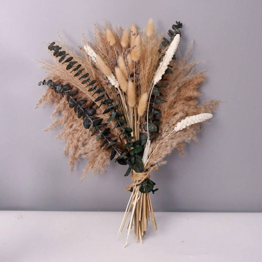 55+ Pcs Artificial Flower Bouquet With Pampas Grass And Bunny Tails For Vase | Artificial Pampas Grass, Bunny Tails And Reed Stems Create A Soft, Layered Bouquet For Neutral Boho And Rustic Vase Decor. - Brown White 2 - View 1