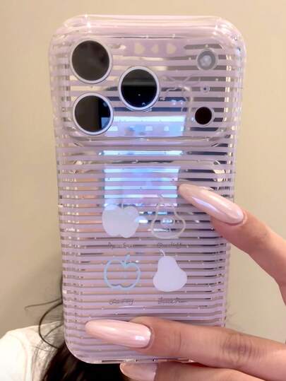 Ins Style Korean Silver Base Cherry Blossom Pink Striped Apple Pear Zuo Li Phone Case Compatible With Iphone 17 Pro Max, Apple 16 New 15 Pro, Women 16 Pro Max, Unique 17 Pro, Anti-Drop