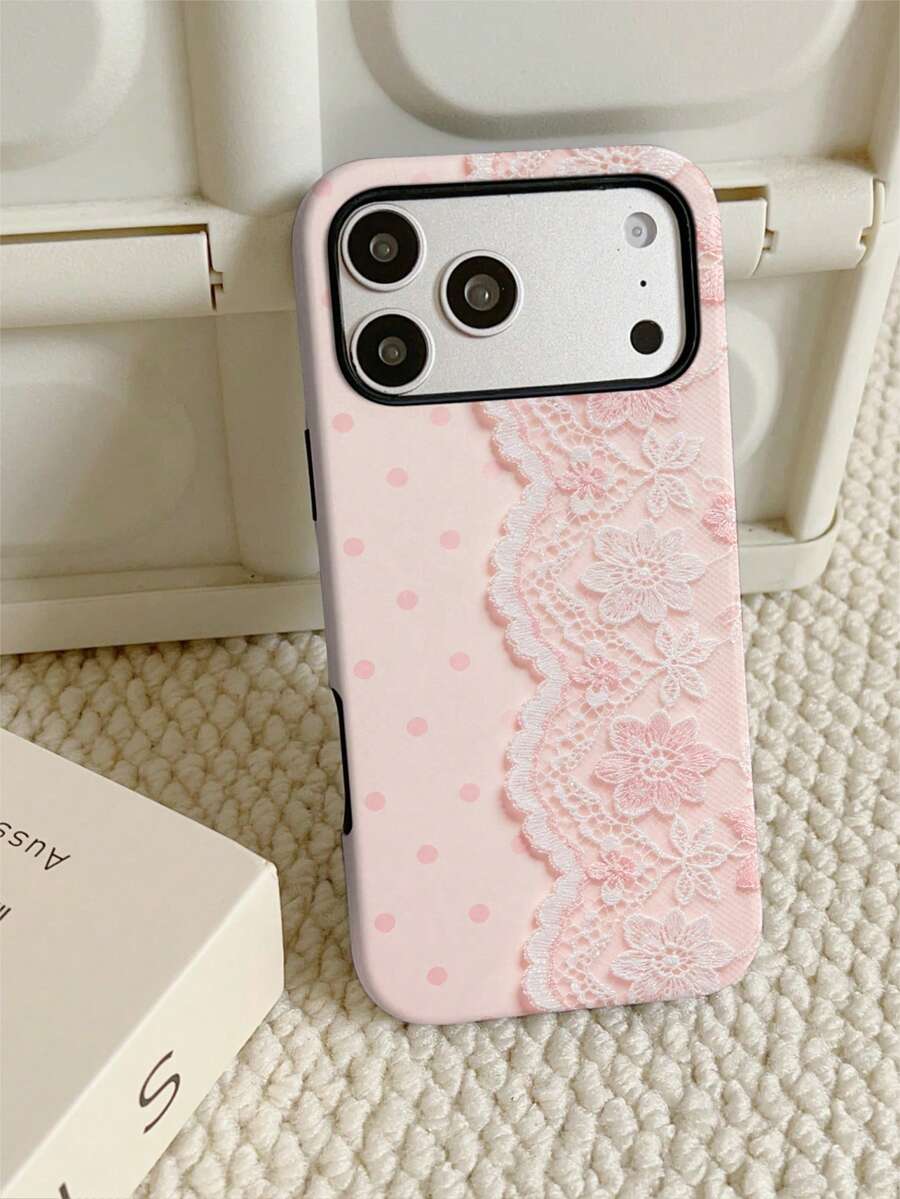 1pc Polka Dot & Lace Pattern Phone Case, Soft Inner & Hard Outer 2-In-1 Film Phone Case, Compatible With IPhone 11/12/12 Pro/12 Pro Max/13/13 Pro/13 Pro Max/14/14 Pro/14 Pro Max/14 Plus/15/15 Pro/15 Pro Max/15 Plus/16/16 Pro/16 Pro Max/16 Plus/17/17 Pro/17 Pro Max/Air - Multicolor - View 1