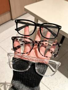 3PCS Women Leopard & Solid Frame Blue Light Glasses,Fake Glasses,Y2K Slim‑Face Eyewear,Back‑To‑School Daily Office Eyeglasses - A - View 1