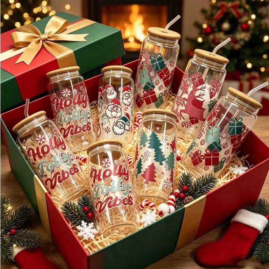Christmas Themed Printed Glass Cup Set / With Bamboo Lid. Glass Straw, Stainless Steel Straw Brush. Multiple Fun Holiday Patterns, Transparent Cup Body With Excellent Texture, Suitable For Cold Drinks, Juice, Coffee, Perfect For Home Use, Holiday Gifts, Party Use, Decorating The Atmosphere Of Winter Time. - Multicolor - View 1