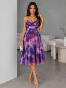ChicMe Women's Ombre Print Ruched A-Line Sleeveless Midi Dress, Back Zipper Design, Casual Elegant, Suitable For Daily And Vacation Wear - Purple - View 4