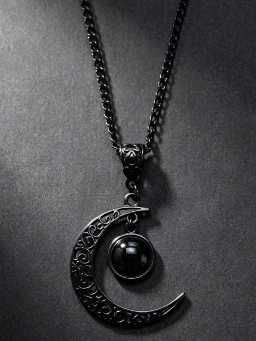 QTHOPE Gothic Punk Style Black Lace Purple Crescent Moon Necklace - Black - View 1