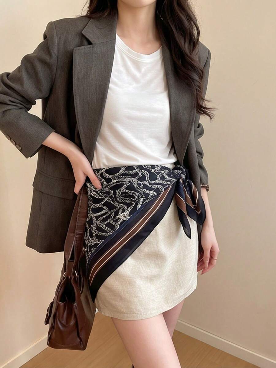 1PcWomen Rope Print Striped Square Scarf, Soft Imitation Cashmere Decor Neck Bandana, Multi-Use Scarf For Neck, Waist & Handbag Accessory - Multicolor - View 1