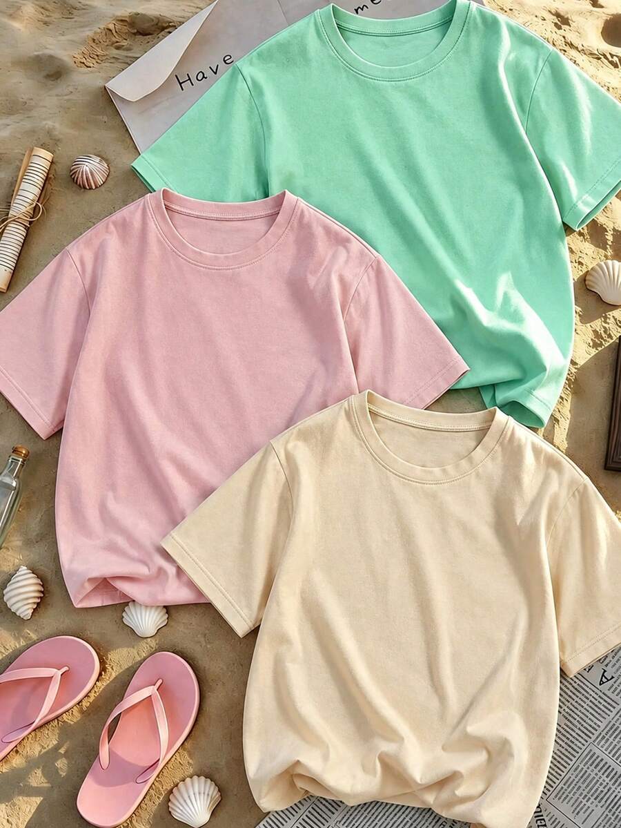3pcs/Set Tween Girls' Solid Color Short Sleeve T-Shirts, Suitable For Tween GirlsSummer Tops, Young Student Clothing - Multicolor - View 1