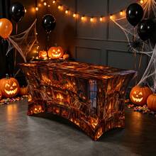 1pc Halloween Pattern Printed High Elasticity Tablecloth With Elastic Band - Stretchable Fit, Washable And Reusable Table Cover Suitable For Dining Table, Buffet Table, Dessert Table, Banquet, Holiday Party Decoration, Halloween, Birthday, Wedding - Suitable For Kitchen Use - Multicolor - View 8