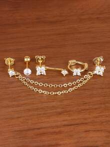 4PCS Flower Zirconia Tassel Chain Pendant Earrings Set For Women 18K Gold Plated Stainless Steel Round Zirconia Ear Stud Delicate Daily Jewelry - 4PCS-gold - View 3