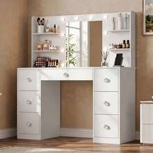 Teousev Dressing Table With LED Lighted Mirror, 7 Drawers & Open Side Storage Shelves, White Makeup Vanity Desk With Adjustable 3 Light Modes For Bedroom - White - View 2