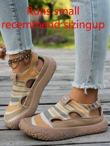 Women's New Vintage Colorblock Mesh Rainbow Striped Knit Closed-Toe Sandals, Soft Elastic Shock-Absorbing Casual Beach Shoes, Sneakers For Women - Khaki - View 2