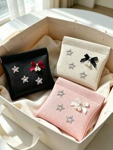 Cute Star Bow‑Pearl Decor Self-Closing Wallet Passport Document Holder Data Cash Storage Bag Cosmetic Bag Vacation Travel Essentials Accessories - Multicolor - View 3