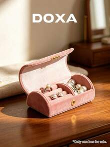 DOXA Pink Velvet Long Magnetic Jewelry Box, Portable Travel Mini Ring & Earring Storage Box - Pink - View 2