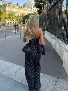 Women's Black & White Polka Dot 2 Pieces Set, Halter Deep V-Neck Backless Ruffle Top With High-Waist Wide-Leg Pants - Black and White - View 2