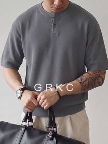 GRKC Men's Unisex Round Neck Knit Short Sleeve Slim Fit Casual Versatile Commute Spring Summer Top - Grey - View 4