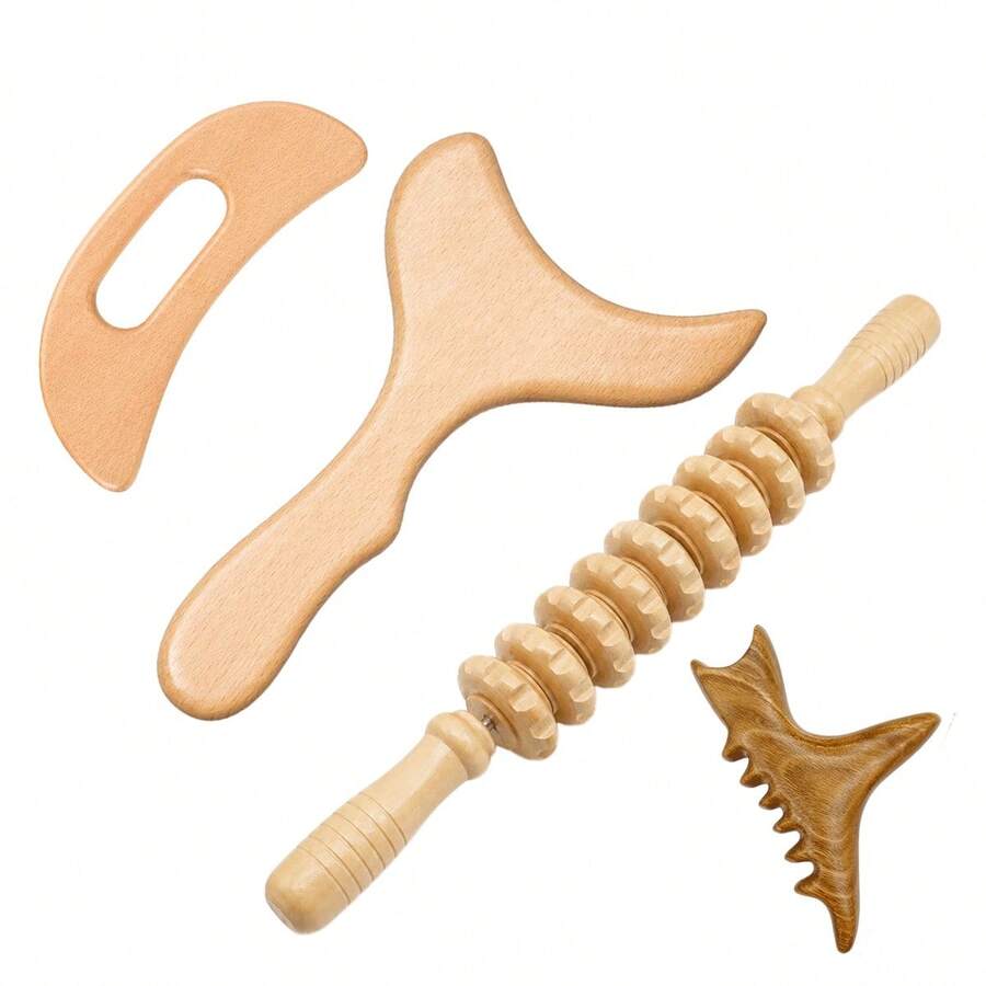 4pcs Wooden Massage Tools, Leg, Shoulder And Neck Massage Tools, Face And Back Massage Tools, Multi-Functional Massage For Different Body Parts, Suitable For Home Use, Can Be Given As Holiday Gifts To Family And Friends - Apricot - View 1