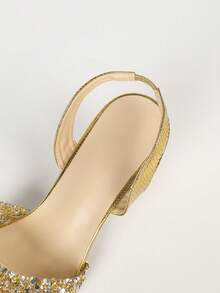 Women's Elegant Gold Fine-Textured High Heel Sandals, Open Toe Square Toe Stiletto Heels, Sparkling Rhinestone Decor, Sexy For Summer Festivals, Evening Parties, Gatherings, Runway, Daily Wear And Outdoor Activities - Gold - View 8