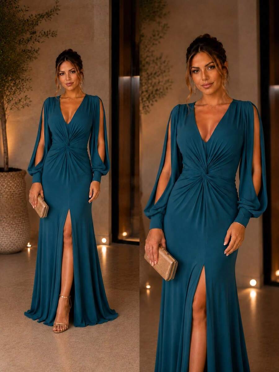 Matron Of Honor Wedding Guest Reception Graduation Dress No Sequins Long Sleeve Openwork Fluity Fabric With Slit - 水鴨藍 - 查看 1
