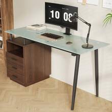 Modern Desk With Glass Top, 3 Drawers, Open Shelf And Metal Frame, Brown - 棕色 - 查看 6