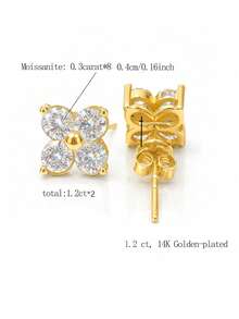 KAHOOT 1 Pair Exquisite 925 Sterling Silver Moissanite Earrings, Delicate Floral Design, Suitable For Daily Wear, Dating And Vacation - Gold - View 5