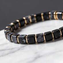 Snowflake Obsidian Square Bead Bracelet With Gold Spacer And Micro-Inlaid Rhinestones, Elastic Stretch Bracelet, Unisex Jewelry Gift - Multicolor - View 5