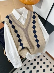 女款 V 領針織背心，不含襯衫，休閒學院風菱格紋格紋無袖套頭毛衣，適合派對、開學季、街頭穿搭 - 杏色 - 查看 4