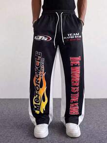 MAISONFOX Men's Black Racing Sports Pants With Motorcycle Flame Pattern And Slogan Print, Color Block Side Stripes Loose Fit Joggers, Y2K Streetwear Style - Black - View 10