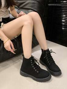 Women's Lace-Up Side Zipper Thick Sole Boots, British Vintage Versatile Height-Increasing Slimming Ankle Boots - Black - View 5