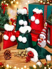 1/3/6pcs Christmas Gift Bags, Christmas Drawstring Bags, Christmas Red & Green Plush Small Gift Bags, White Pom Pom Decor, White Faux Fur Ribbon Drawstring Design, Christmas Gift Bags First Choice - Multiple Styles - View 2