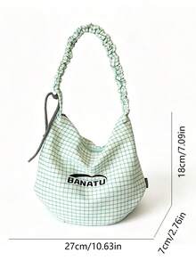 Bolso de hombro con estampado de patrón de cuadros texturizados, detalle de decoración de correa de hombro plisada, estilo casual y relajado, bolso de hombro en forma de media luna para mujer, bolso para uso diario, compras y viajes, bolso grande suave y relajado, bolso de hombro para combinar a diario - Verde - Ver 2