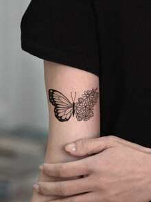 1 Sheet Vintage Line Art Butterfly & Daisy Floral Fake Tattoo Sticker, Minimal Black Outline Insect Flower Temporary Tattoo, Sweat‑Resistant Waterproof Body Decal, Chic Pattern For Wrist Forearm, Fashion Body Accessory For Young Ladies - Black - View 2