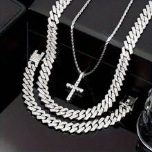 3pcs/Set, Unisex, Cross Pendant Necklace And Bracelet Set, Cuban Link Bracelet, Customizable Cuban Link Bracelet, Miami Cuban Link Bracelet With Cubic Zirconia - Gold - View 6
