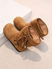 Girls' Ruched Mid-Calf Boots, Vintage Buckle Decor Boots, Fleece Lined Casual Winter Mid-Calf Boots, Suitable For Autumn/Winter Daily Wear - Brown - View 4