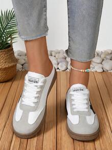 NOBLEARL White Gray Color Block Mule Trainers, Black Stripe Decor, Backless Lazy Retro Toe Cap Mule Sneakers - Black and White - View 5