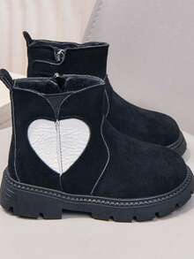 Korean Style Colorblock Heart Thermal Lined Ankle Boots Children's Thick Sole Anti-Slip Boots Side Zipper Winter Boots - Black - View 3