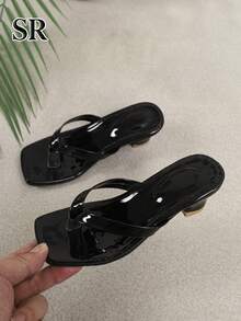 Sandal Jepit Hak Tinggi Ujung Persegi Hitam untuk Anak Perempuan, Sepatu Putri Minimalis Serbaguna untuk Pemakaian Sehari-hari dan Pesta - Hitam - View 2