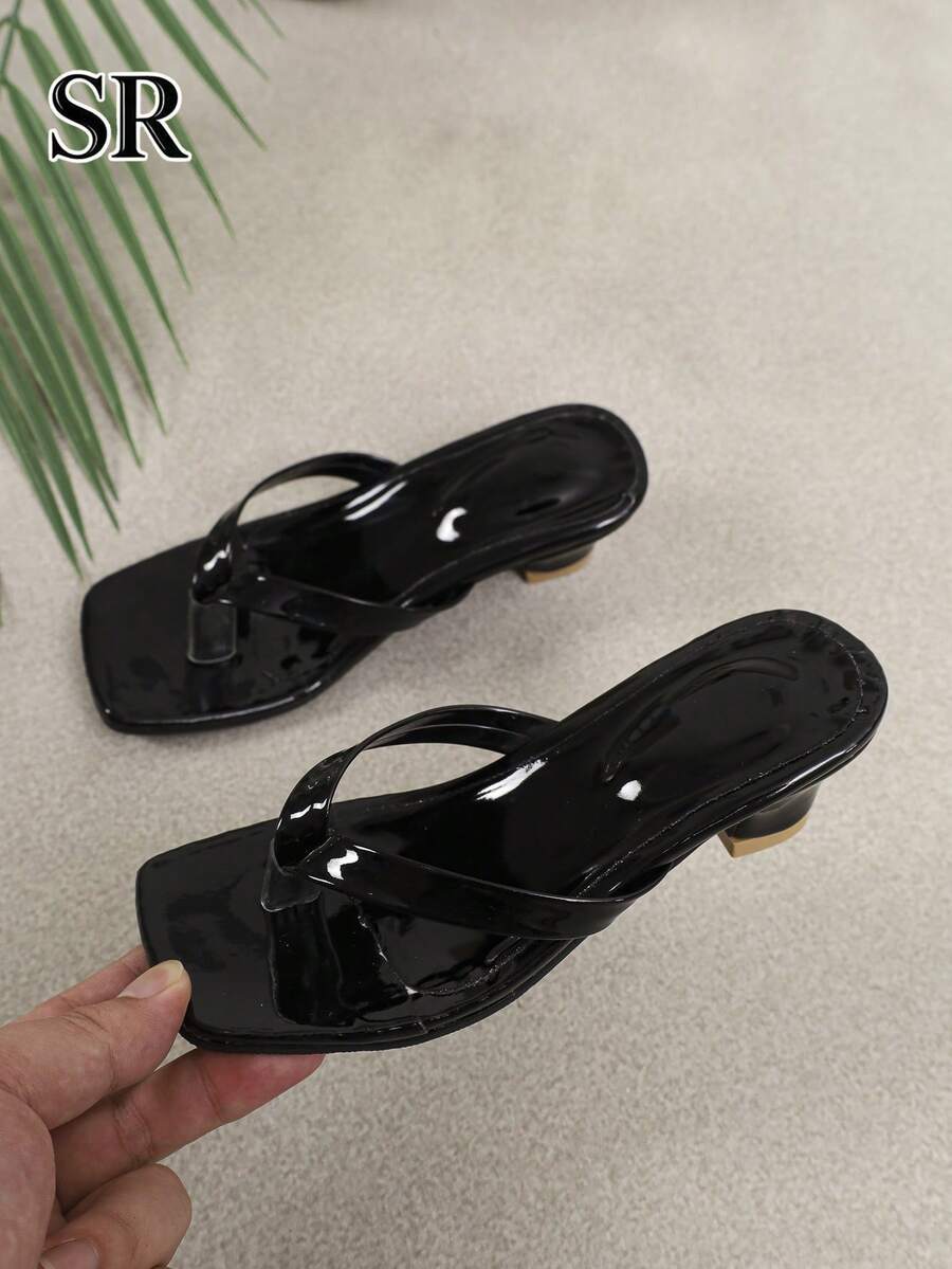 Sandal Jepit Hak Tinggi Ujung Persegi Hitam untuk Anak Perempuan, Sepatu Putri Minimalis Serbaguna untuk Pemakaian Sehari-hari dan Pesta