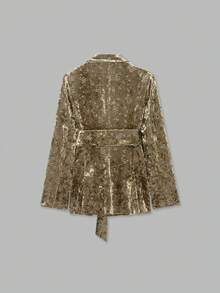 YROOE Women's Autumn/Winter Gold Embossed Velvet Lapel Wrap Tie Waist Long Sleeve Slim Fit Blazer - Gold - View 3