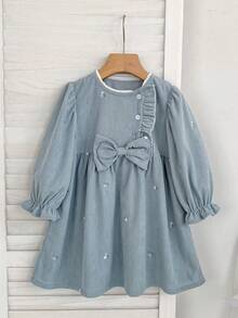 Japanese & Korean Style Girls' Dress With Bow & Embroidery, Long Sleeve, Spring/Autumn, Peter Pan Collar, Fashion Princess Dress - Dusty Blue - View 2
