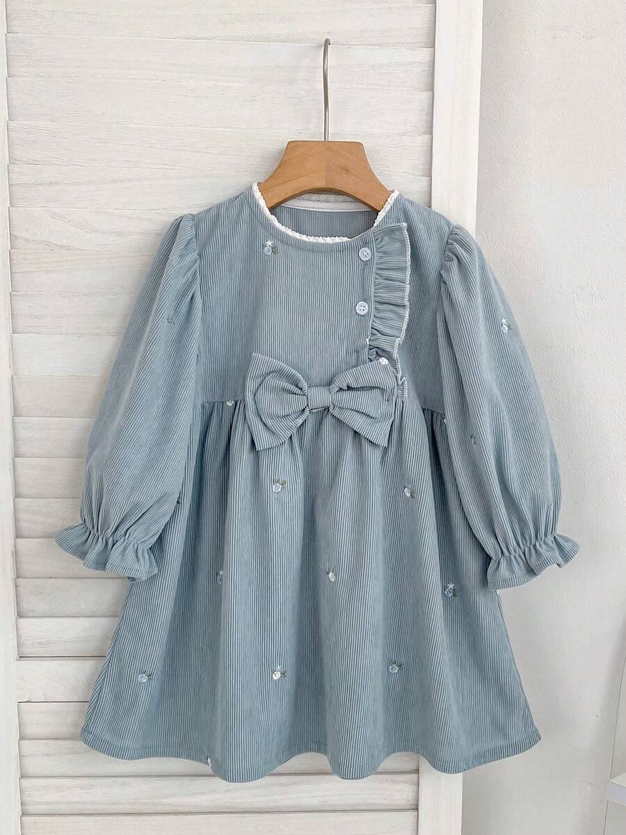 Japanese & Korean Style Girls' Dress With Bow & Embroidery, Long Sleeve, Spring/Autumn, Peter Pan Collar, Fashion Princess Dress