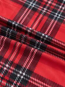 Acelitt Spring/Autumn Vintage Y2K Cropped Fitted Small Stand Collar Ruffle Hem Plaid Print Long Sleeve Sheer Mesh Top, Suitable For Party And Daily Wear - Red - View 11