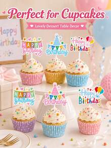 6pcs Cute Cartoon Happy Birthday Cake Topper Vibrant Dessert Table Decor - View 3