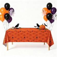 Tablecloth, 3PCS/1PC Halloween Theme Orange Spider Web Rectangular Party Tablecloth, Plastic Disposable Halloween Spider Web Tablecloth, Day Of The Dead Outdoor Halloween Party Decoration (Orange) 54" X 108" - Orange - View 9