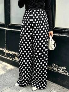 Women's All‑Season Elegant Casual Wide‑Leg Pants, Classic Contrast‑Color Polka‑Dot Design, Trousers For Daily Commute And Travel - Black and White - View 1